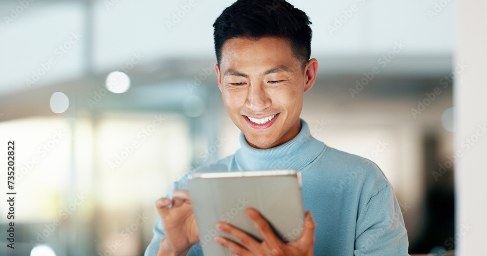 Poster asian man with tablet, smile and scroll, thinking and reading email, review or article at startup. i