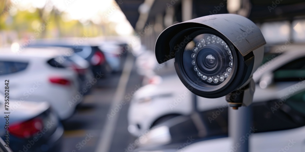 Poster a security camera mounted on the side of a street. suitable for surveillance and safety-related conc