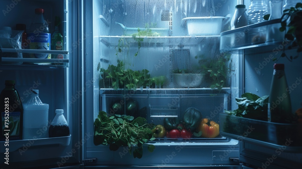 Poster an open refrigerator filled with a wide selection of food. ideal for illustrating a well-stocked kit