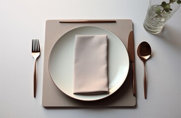 an empty dinner plate, silverware, and candle stand on grey table