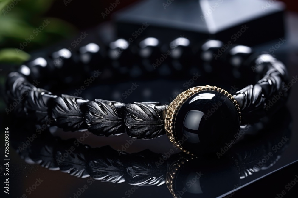 Poster a detailed close-up shot of a bracelet resting on a table. this image can be used for various purpos