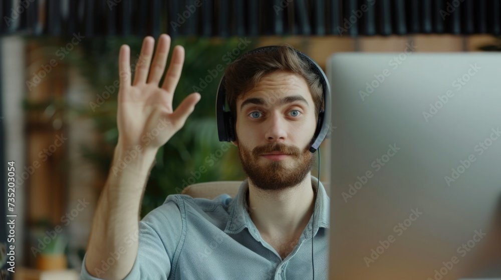Aufkleber A man sitting in front of a computer wearing headphones. Suitable for technology-related projects