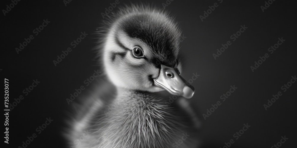 Poster a charming black and white photo of a baby duck. perfect for adding a touch of cuteness to any proje