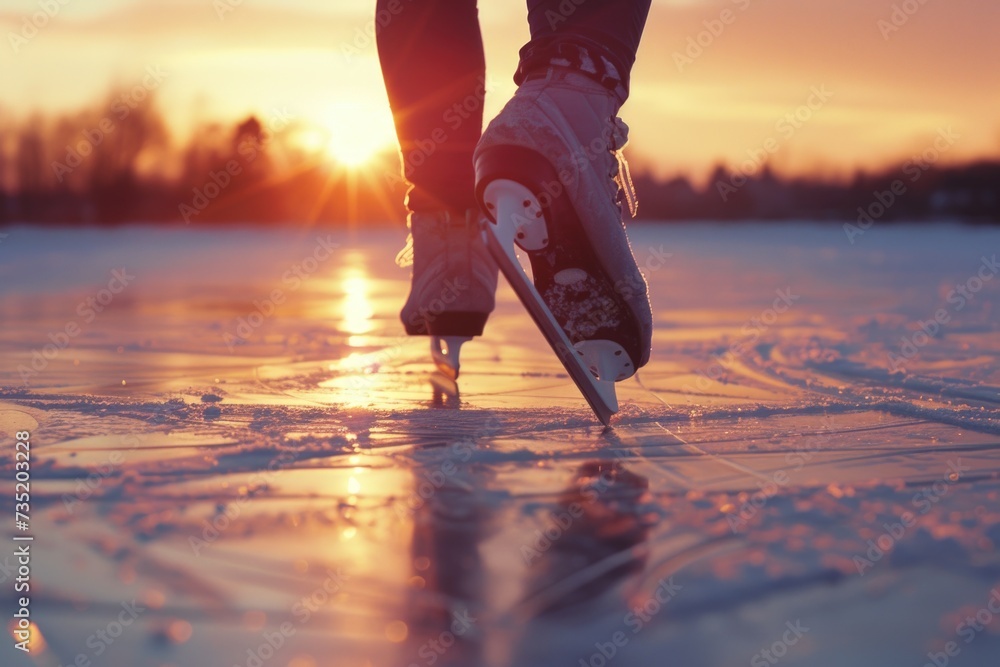 Canvas Prints A person gracefully glides across a frozen lake as the sun sets in the background. Perfect for winter sports or outdoor activities