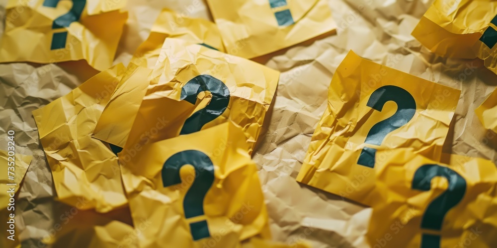 Poster A pile of yellow paper with question marks. Suitable for illustrating uncertainty or the search for answers