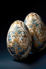 Two decorated eggs sitting on top of a table. Perfect for Easter or spring-themed designs
