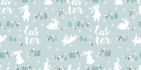 Cute hand drawn Easter seamless pattern with bunnies, flowers, easter eggs, beautiful background, great for Easter Cards, banner, textiles, wallpapers - vector design