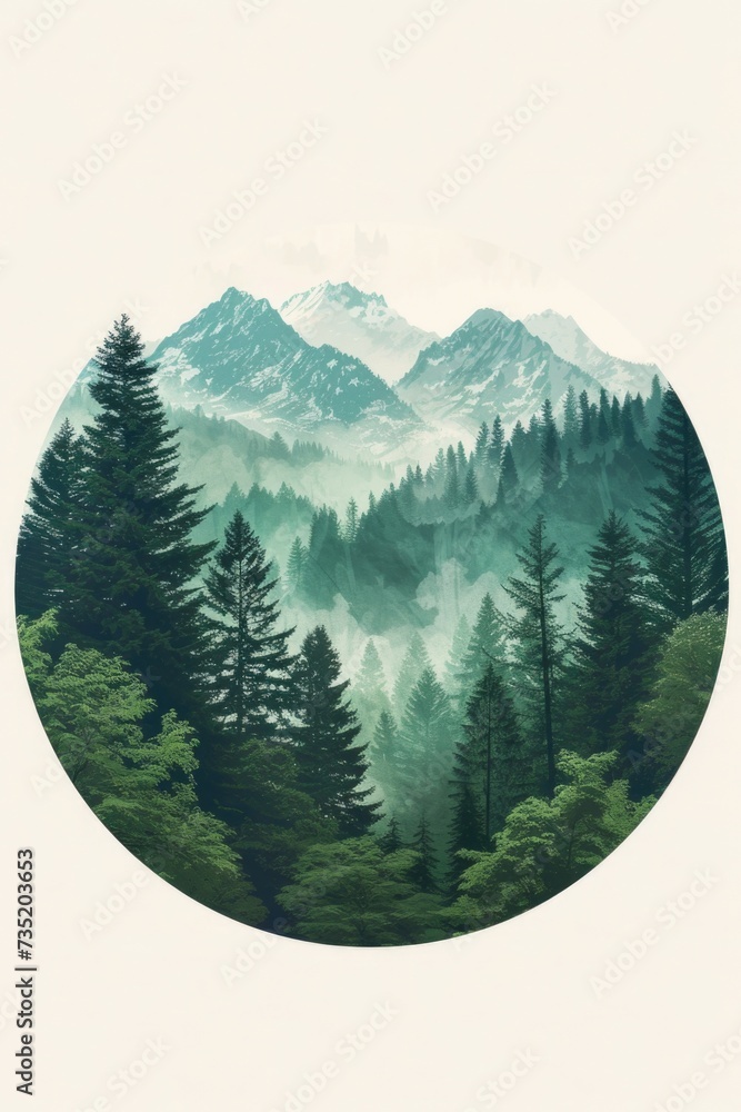 Poster a picture of a serene forest with majestic mountains in the background. ideal for nature and landsca