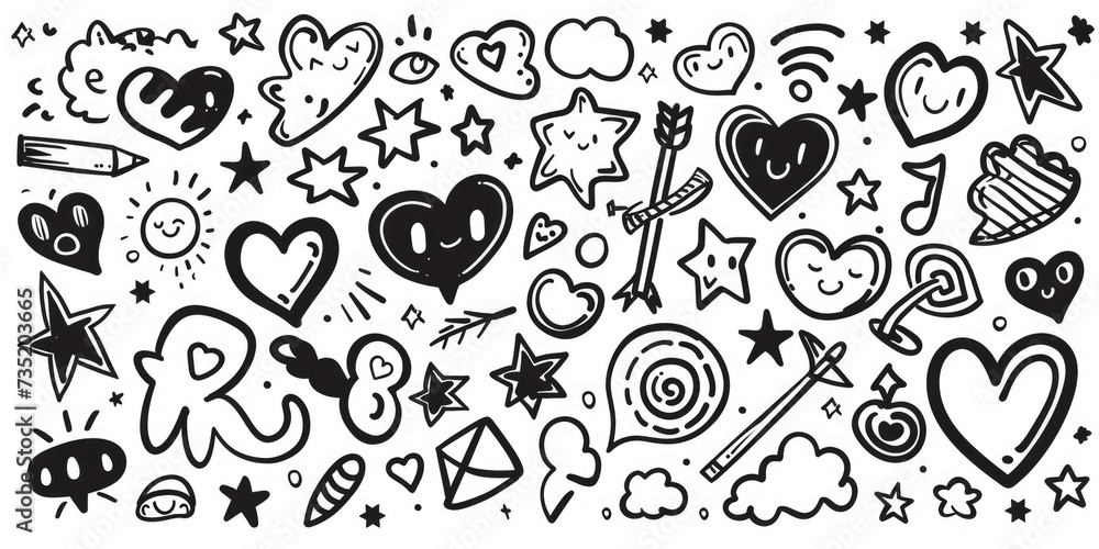 Poster a simple black and white drawing featuring hearts and stars. this versatile image can be used for va