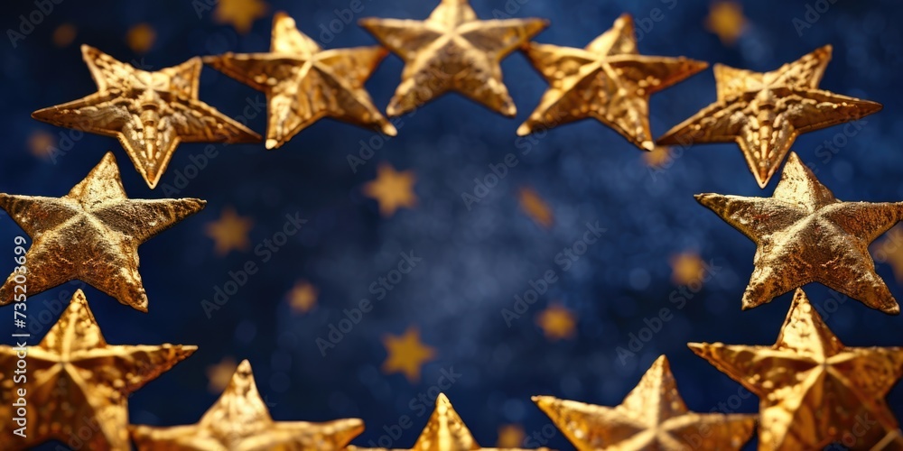 Poster a circle made of gold stars on a blue background. perfect for adding a touch of elegance and glamour