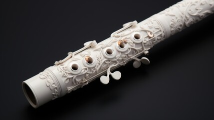 A detailed view of a flute placed on a sleek black surface. Ideal for music-related projects and...
