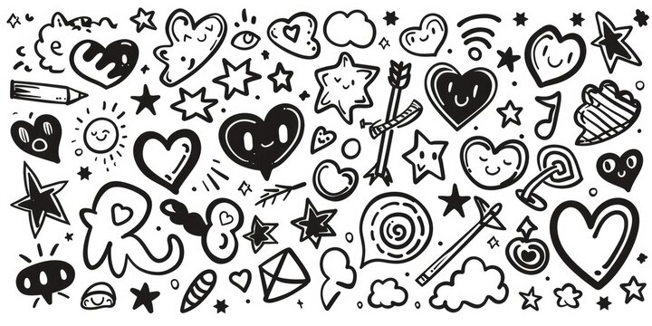 A simple black and white drawing featuring hearts and stars. This versatile image can be used for various projects and designs