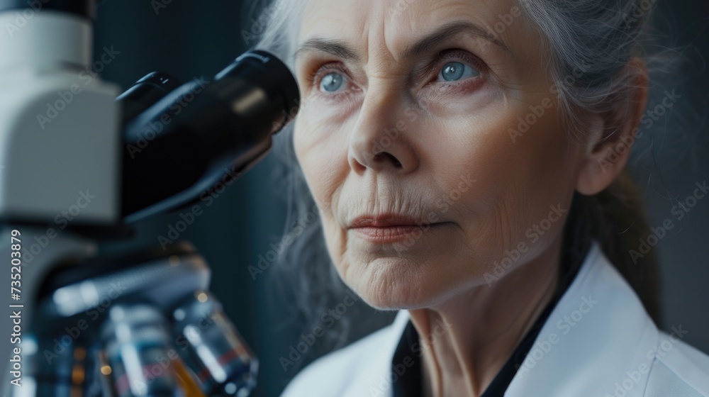 Poster close up of a person examining something under a microscope. can be used to illustrate scientific re