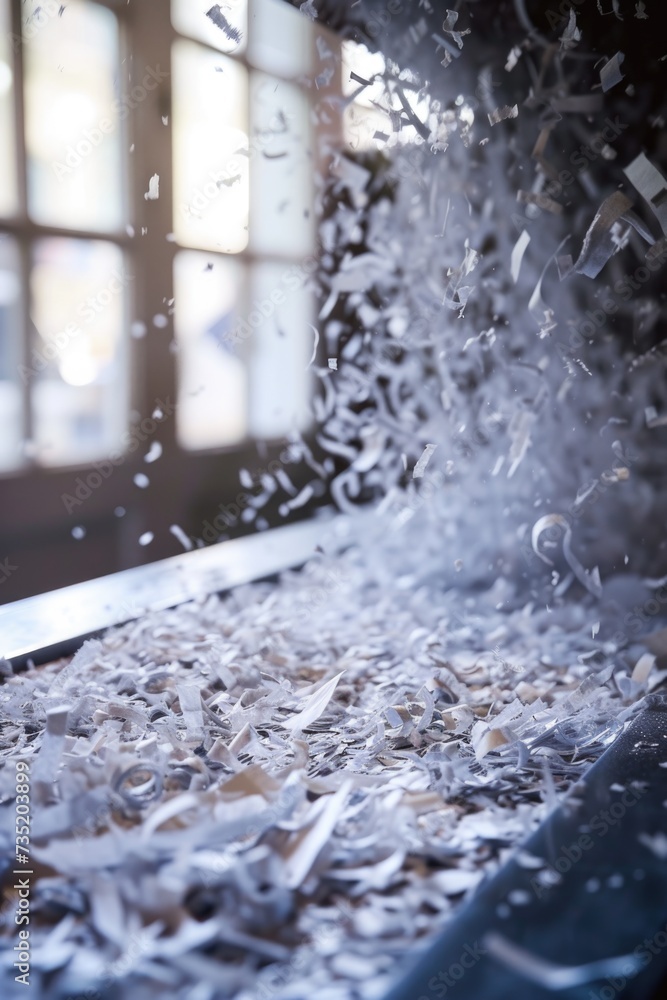 Poster A picture showing a significant quantity of shredded paper being shredded. This image can be used to portray concepts such as recycling, data destruction, office cleanup, or document disposal