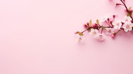 Beautiful cherry blossom branch frame on a minimalistic light pink background with large copyspace area