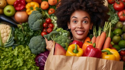 Beauty portrait of a woman surrounded by various healthy food lying. Healthy eating and sports lifestyle concept