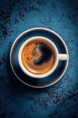 Obraz premium A cup of espresso coffee on a saucer background using dark blue color. top view