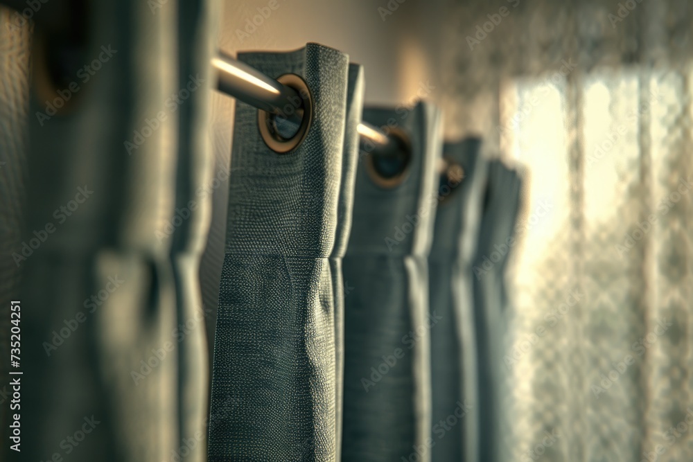 Poster a close up view of a curtain with a metal rod. ideal for interior design projects and home decor web