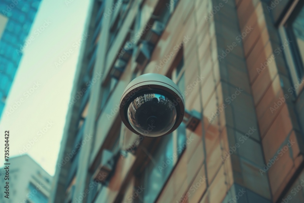 Poster close up view of a camera mounted on a building. suitable for surveillance, security, or architectur