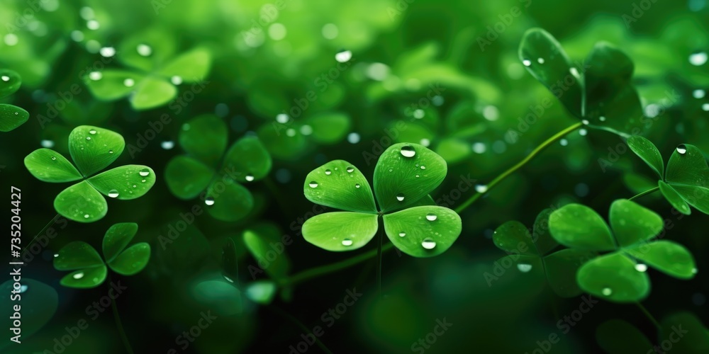 Poster a close-up image of a group of four leaf clovers with water droplets on them. perfect for st. patric