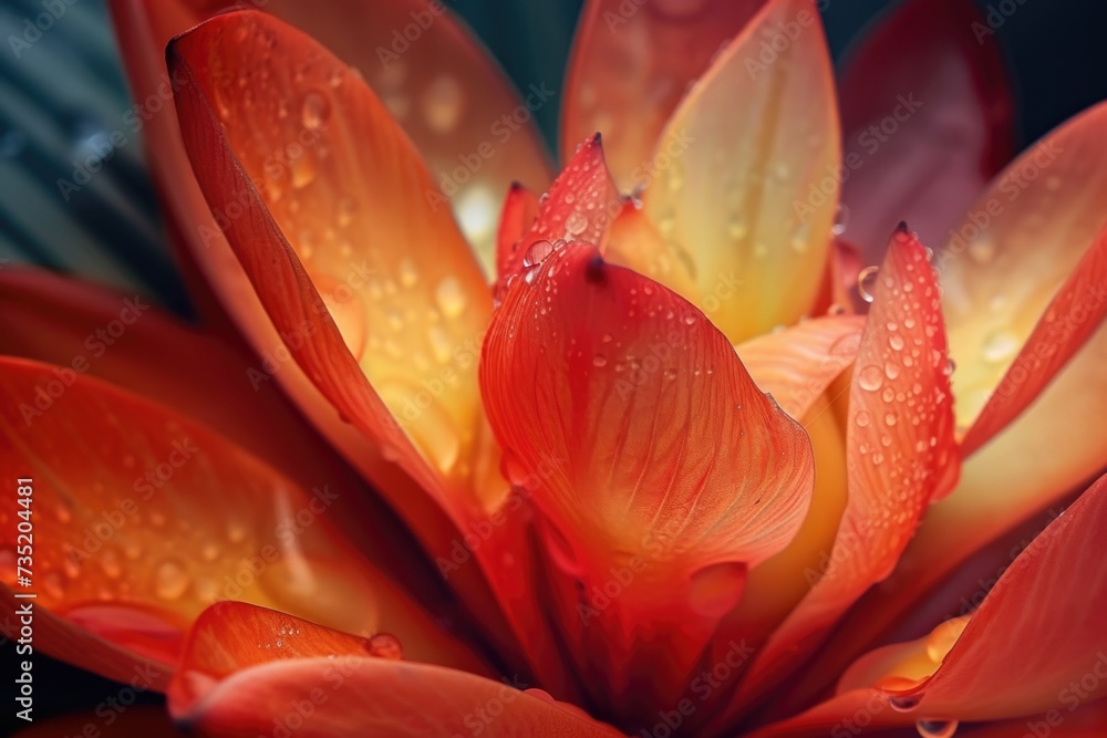 Poster a close up view of a flower with water droplets on its petals. this image captures the beauty and fr