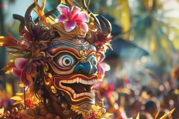 Obraz premium A man wearing a vibrant costume with a flower on his head. Perfect for festive events and themed parties