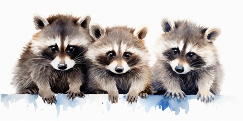 Three raccoons sitting on top of a white surface. Can be used for nature, wildlife, or animal-themed projects