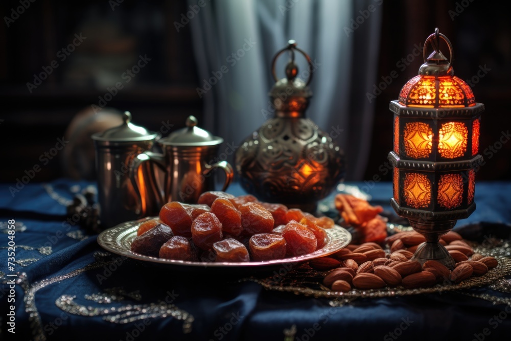 Poster a table topped with a plate of food next to a lamp. suitable for food and dining-related concepts