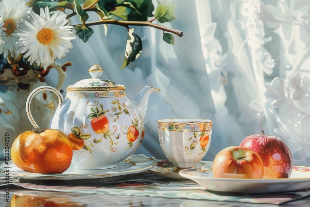 Poster a painting depicting a tea pot and two cups placed on a table. suitable for various applications