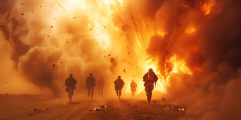 Team of soldiers running towards a huge explosion surrounded by smoke, battlefield. Generative AI.