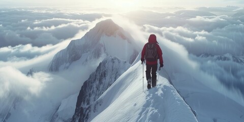A person standing on top of a snow covered mountain. Perfect for showcasing adventure and conquering challenges
