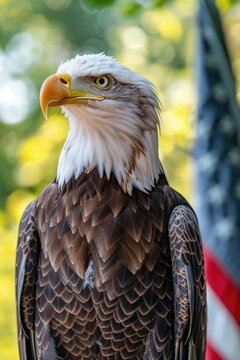 A close up photograph of a majestic bald eagle with an American flag in the background. This image can be used to represent patriotism and national pride