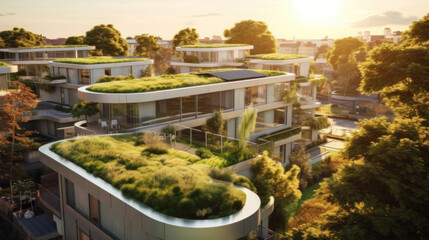 A modern residential district with green roof and balcony. - obrazy, fototapety, plakaty