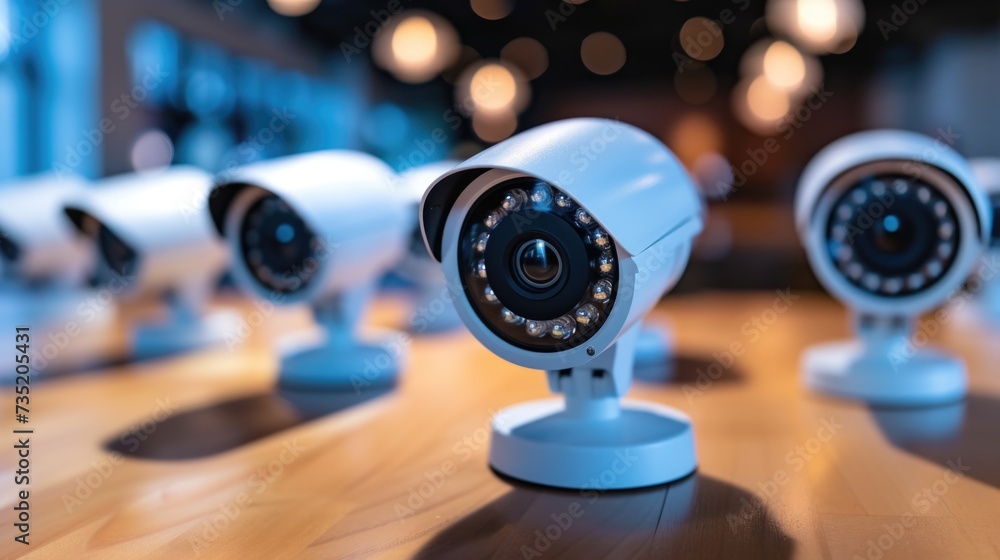 Poster a row of surveillance cameras sitting on top of a wooden table. ideal for security and surveillance 