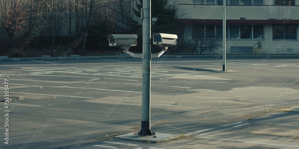 Poster a parking lot with a traffic light and a building in the background. suitable for transportation or 