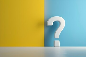 A white question mark painted on a blue and yellow wall. Suitable for use in educational materials...