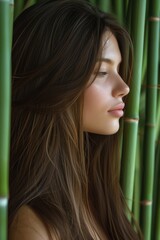 Portrait of a woman with straight hair and bamboo background