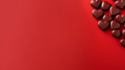 Chocolate candies in the shape of a heart lie on the left on a minimalistic red background with large copyspace area