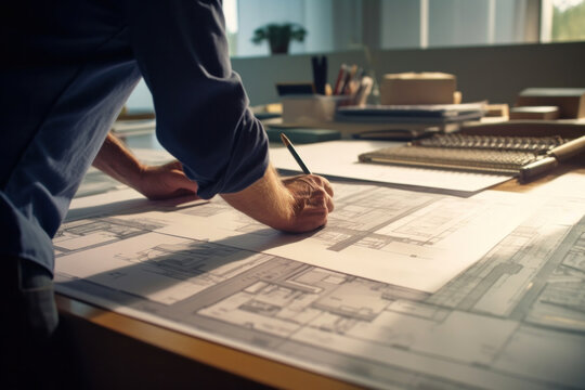 Architect reviews and unrolls blueprints on a table in a modern office space.