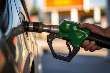 Close-up, Hand filling up a car with gas at a gas station. - obrazy, fototapety, plakaty