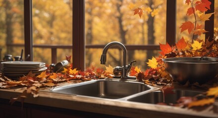 Kitchen sink at autumn leaves