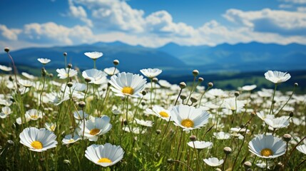 A scenic view of a field filled with white flowers stretching towards distant mountains. - Powered by Adobe