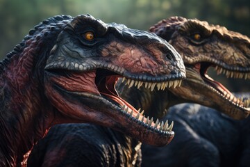 A detailed close-up shot of two dinosaurs with their mouths open. Perfect for educational purposes or dinosaur-themed projects