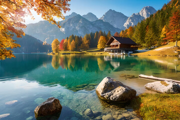 beautiful autumn scene of hintersee lake colorful morning view of bavarian alps on the austrian bor background - obrazy, fototapety, plakaty
