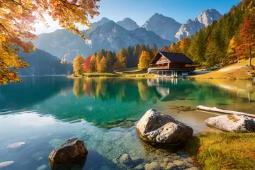 Poster beautiful autumn scene of hintersee lake colorful morning view of bavarian alps on the austrian bor background © Brand