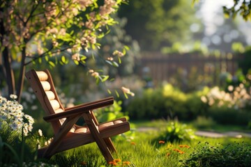 A wooden chair sitting in the middle of a lush green field. Perfect for nature and outdoor themes