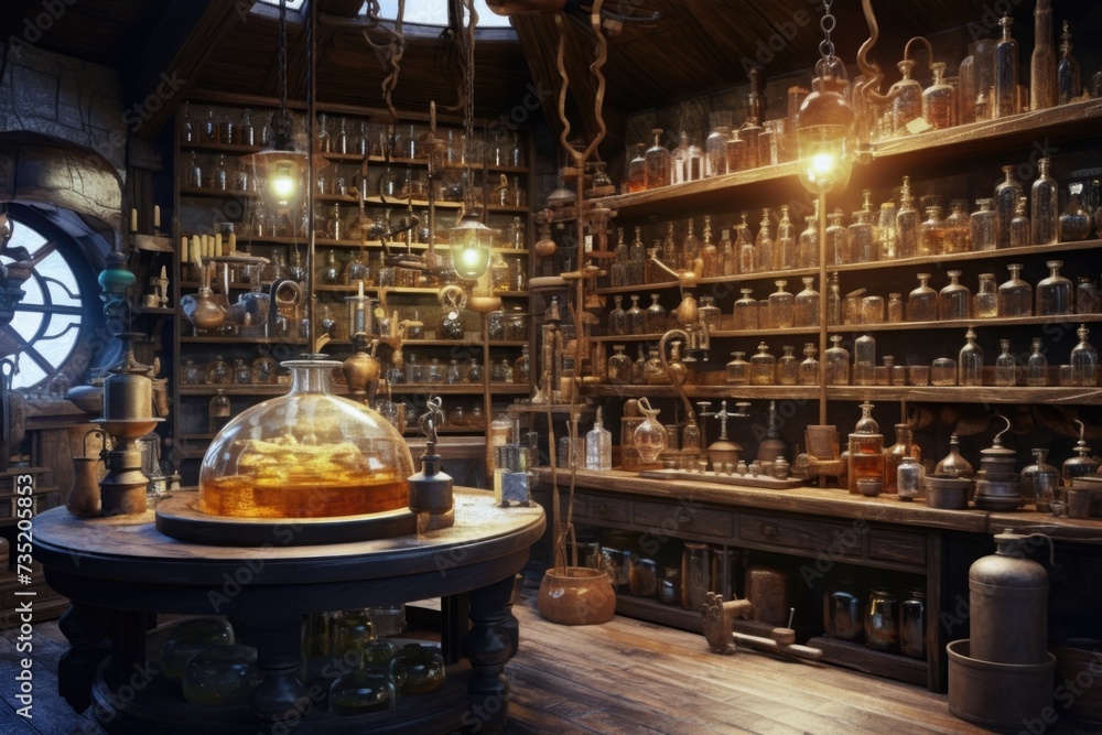 Poster a room filled with numerous bottles and a clock. perfect for illustrating a collection, time managem