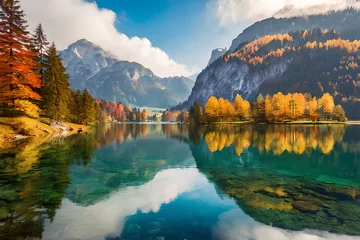 Foto op Canvas beautiful autumn scene of hintersee lake colorful morning view of bavarian alps on the austrian bor Ai image © Brand