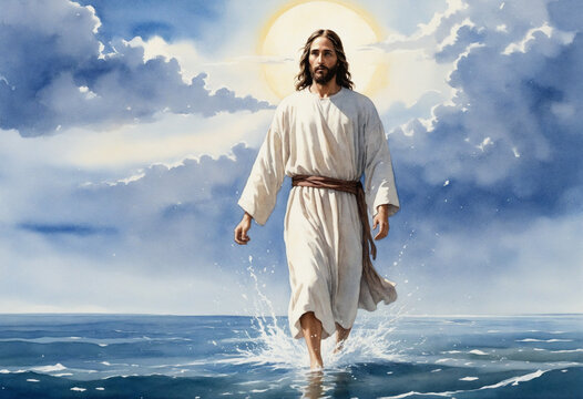 Watercolor painting of Jesus walking on water