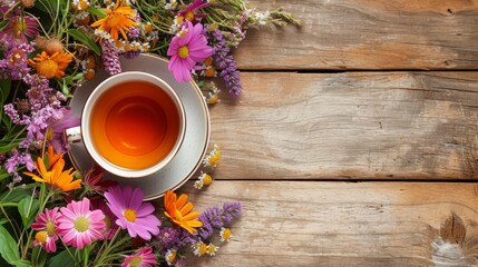 Fototapeta na wymiar Cup of tea with flowers on wooden table, top view. Green black herbal tea